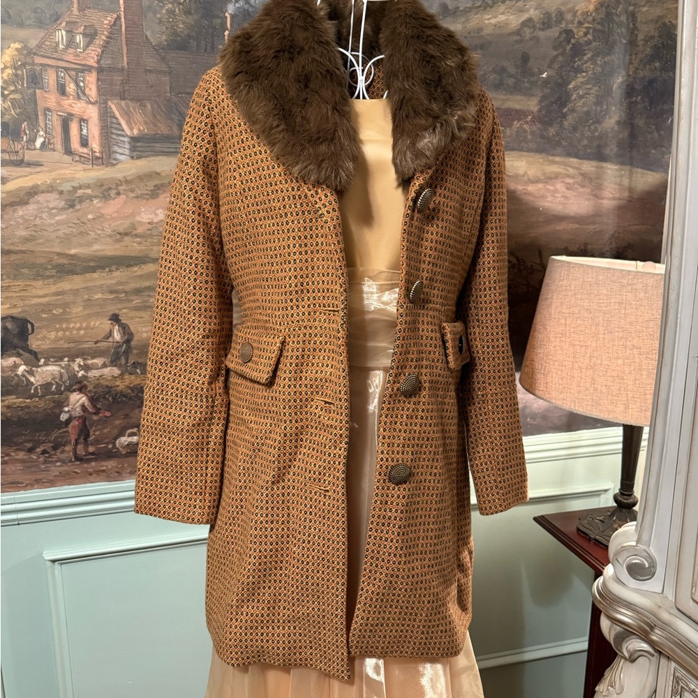 (S) VTG Y2K Brown & Gold Retro Faux Fur Collar Women's Coat